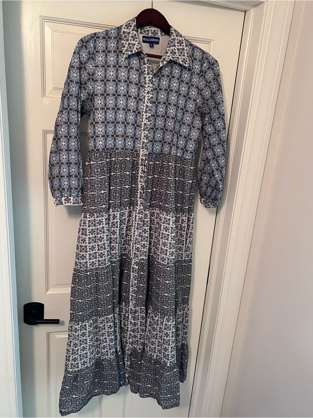Ro’s Garden Blue Patterned Maxi Shirt Dress Size Small